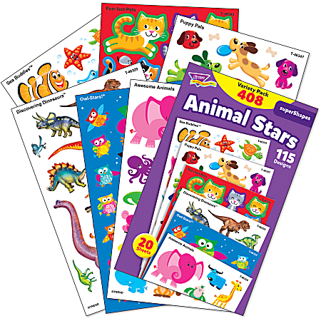 Trend Animal Fun Stickers Variety Pack Fun Animal ThemeSubject Sea Buddies  Owl Stars Puppy Pals Shape Photo safe Non toxic Acid free 8 Height x 4.13  Width x 6.63 Length Multicolor 488 Pack - Office Depot