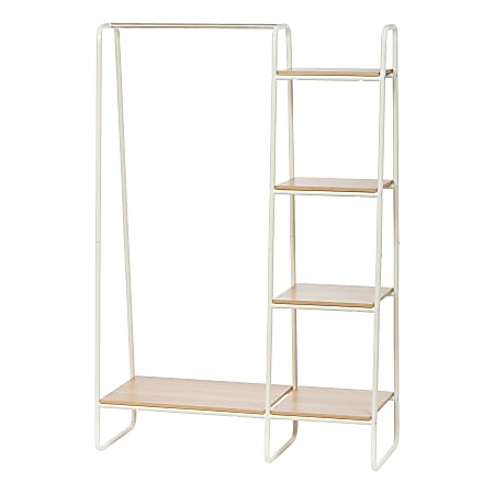 IRIS Metal Garment Rack With Wood Shelves, 59-1/2"H x 39-13/16"W x 15-3/4"D, White/Light Brown