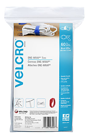 VELCRO® Brand ONE-WRAP® Thin Ties, 8" x 1/2", Assorted Colors, Pack Of 60 Ties