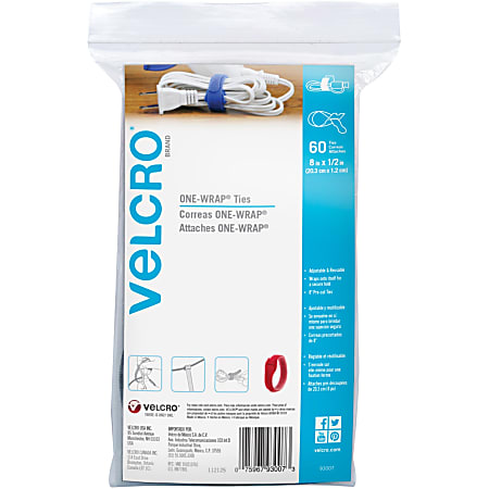 VELCRO Brand ONE WRAP Thin Ties 8 x 12 Assorted Colors Pack Of 60
