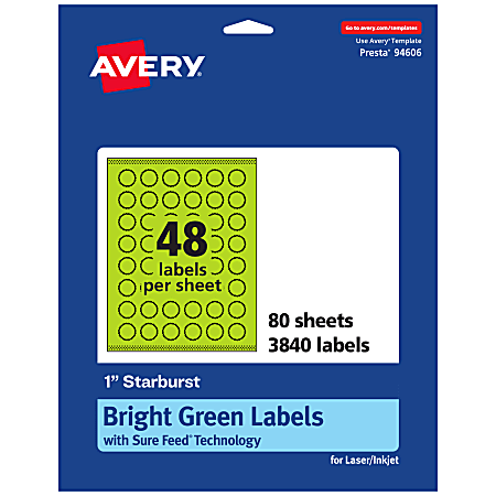 Avery® Print-To-The-Edge Labels With Sure Feed® Technology, 94606-BGP80, Starburst, 1", Matte Bright Green, Pack of 3840