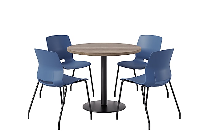 KFI Studios Midtown Pedestal Round  Table Set With Armless Chairs, 31-3/4”H x 22”W x 19-3/4”D, Studio Teak Top/Black Base/Navy Chairs, 840031938664
