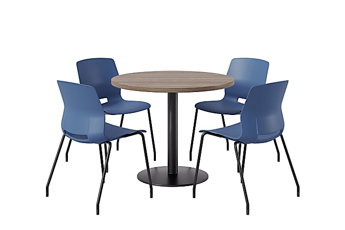 KFI Studios Midtown Pedestal Round Standard Height Table Set With Imme Armless Chairs, 31-3/4”H x 22”W x 19-3/4”D, Studio Teak Top/Black Base/Navy Chairs