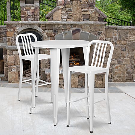 Flash Furniture Commercial-Grade Round Metal Indoor/Outdoor Bar Table Set With 2 Vertical Slat-Back Stools, White