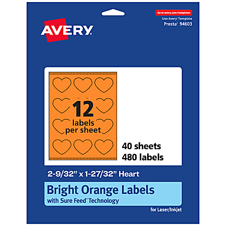 Avery® Print-To-The-Edge Labels With Sure Feed® Technology, 94603-BOP40, Heart, 2-9/32" x 1-27/32", Matte Bright Orange, Pack of 480