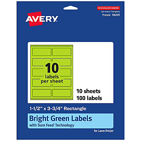 Avery® Print-To-The-Edge Labels With Sure Feed® Technology And Easy Peel®, 94205-BGP10, Rectangle, 1-1/2" x 3-3/4", Matte Bright Green, Pack of 100