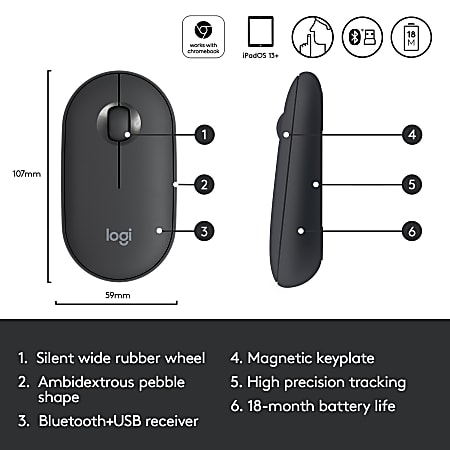 Logitech Pebble Wireless Mouse with Bluetooth or 2.4 GHz Receiver, Silent,  Slim Computer Mouse with Quiet Clicks, for