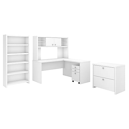 kathy ireland® Office by Bush Business Furniture Echo L Shaped Desk With Hutch, Bookcase And File Cabinets, Pure White, Premium Installation