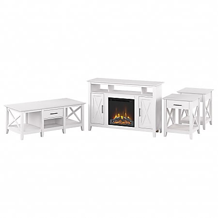 Bush® Furniture Key West Tall Electric Fireplace TV Stand With Coffee Table And End Tables, Pure White Oak, Standard Delivery