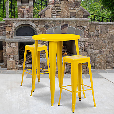 Flash Furniture Commercial-Grade Round Metal Indoor-Outdoor Bar Table Set With 2 Square-Seat Backless Stools, 41"H x 30"W x 30"D, Yellow