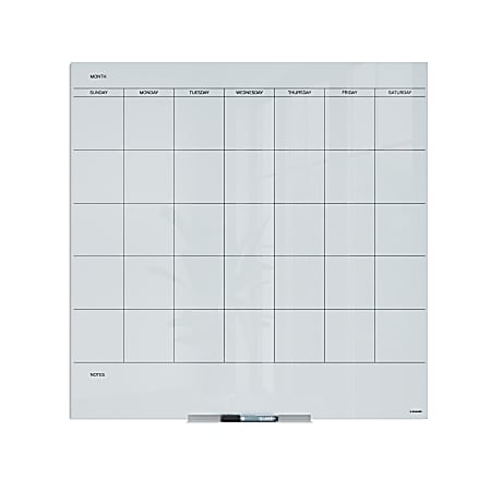 U Brands® Floating Glass Dry-Erase Monthly Calendar Board, 36" X 36", White Frosted Surface, Frameless, Actual Size 35" X 35" (2910U00-01)