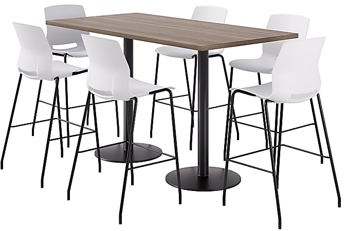 KFI Studios Proof Bistro Rectangle Pedestal Table With 6 Imme Barstools, 43-1/2"H x 72"W x 36"D, Studio Teak/Black/White Stools