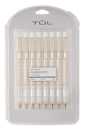 TUL® BP Series Retractable Ballpoint Pens, Medium Point, 1.0 mm, White Geometric Barrel, Black Ink, Pack Of 8 Pens