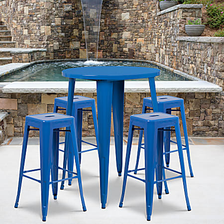 Flash Furniture Commercial-Grade Round Metal Indoor-Outdoor Bar Table Set With 4 Square-Seat Backless Stools, 41"H x 30"W x 30"D, Blue