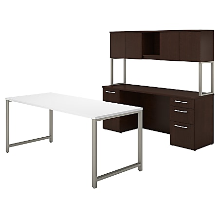 Bush Business Furniture 400 Series Table Desk And Credenza With File Drawers And Hutch, 72"W x 30"D, Mocha Cherry/White, Standard Delivery