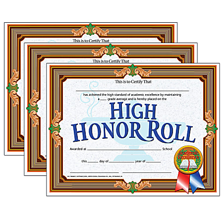 Hayes Certificates 8 12 x 11 High Honor Roll Gold 30 Certificates Per