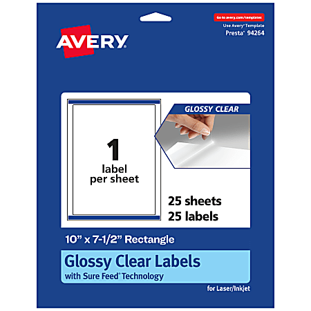 Avery® Glossy Permanent Labels With Sure Feed®, 94264-CGF25, Rectangle, 10" x 7-1/2", Clear, Pack Of 25