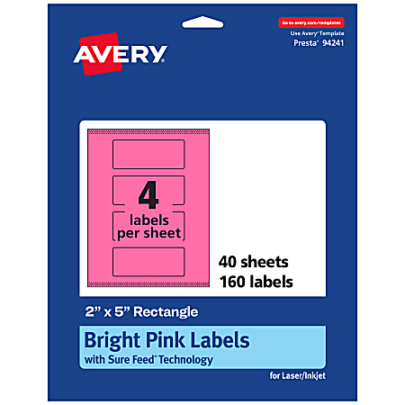 Avery® Print-To-The-Edge Labels With Sure Feed® Technology, 94241-BPP40, Rectangle, 2" x 5", Matte Bright Pink, Pack of 160