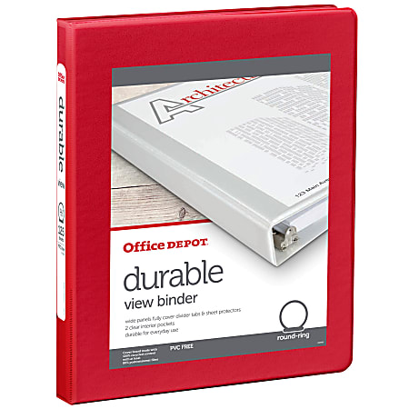 Office Depot&reg; Brand 3-Ring Durable View Binder, 1/2" Round Rings, Red