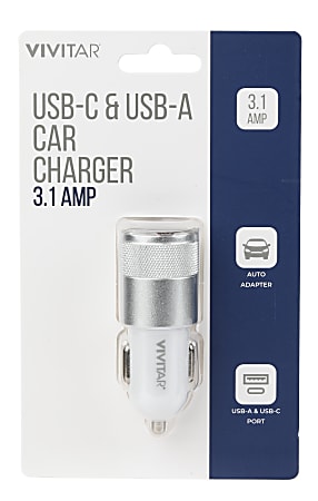 Vivitar USB-C And USB-A Car Charger, White, NIL6003-WHT-STK-24