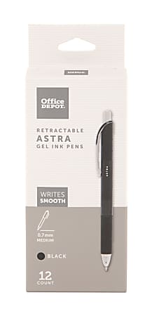 Office Depot® Brand Astra Retractable Gel Ink Pens, Medium Point, 0.7 mm, Black Barrel, Black Ink, Pack Of 12 Pens