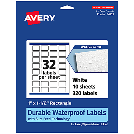 Avery® Waterproof Permanent Labels With Sure Feed®, 94219-WMF10, Rectangle, 1" x 1-1/2", White, Pack Of 320