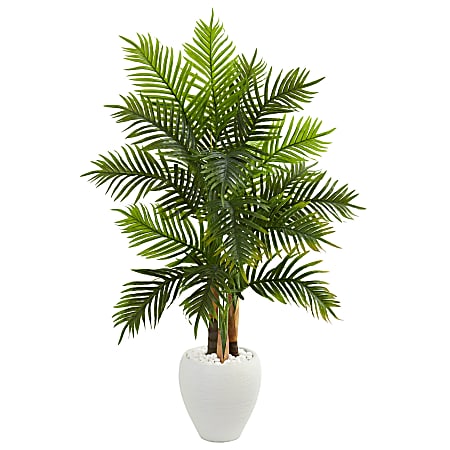 Nearly Natural Areca Palm 60”H Artificial Real Touch Tree With Planter, 60”H x 32”W x 21”D, Green/White