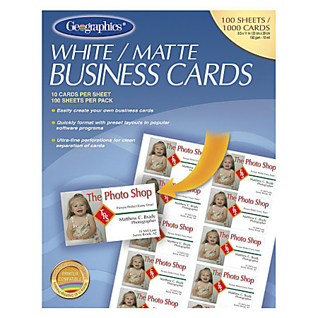 Geographics Inkjet, Laser Print Business Card - 3 1/2" x 2" - 65 lb Basis Weight - Matte - 100 / Pack - White