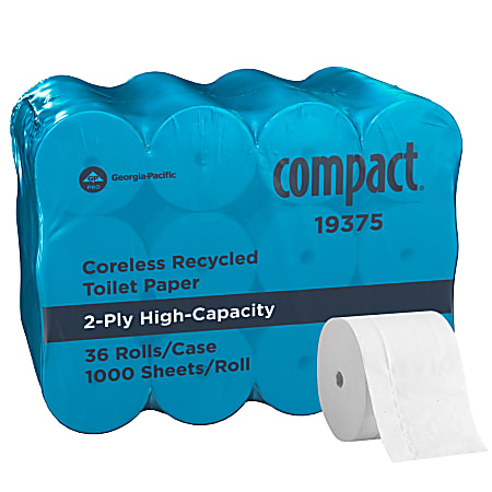 Compact&reg; Coreless Toilet Paper, 2-Ply, 4" x 3.8" Sheets, 100% Recycled Fiber, White, 1000 Sheets, 36 Rolls per Case