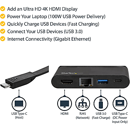 StarTech.com USB C Multiport Adapter with HDMI 4K Mac Windows 1xA 1xC 100W  PD 3.0 92W Laptop Charging GbE Wraparound Cable USB C multiport adapter  with HDMI turns your MacBook Pro or