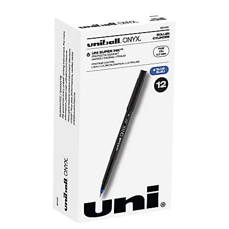 uni-ball® Onyx® Rollerball Pens, Fine Point, 0.7 mm, Black Barrel, Blue Ink, Pack Of 12