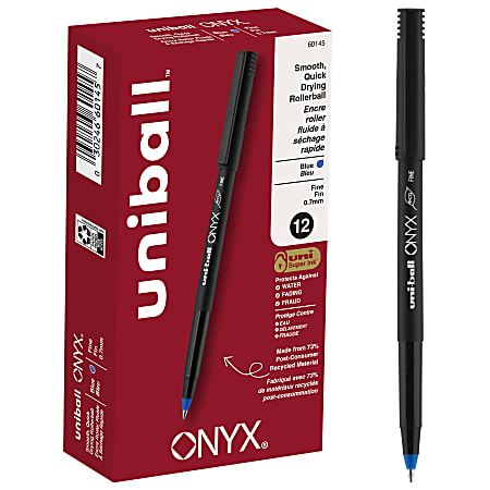 uni-ball® Onyx® Rollerball Pens, Fine Point, 0.7 mm, Black Barrel, Blue Ink, Pack Of 12