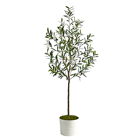 Nearly Natural Olive 74”H Artificial Tree With Metal Planter, 74”H x 26”W x 26”D, Green/White