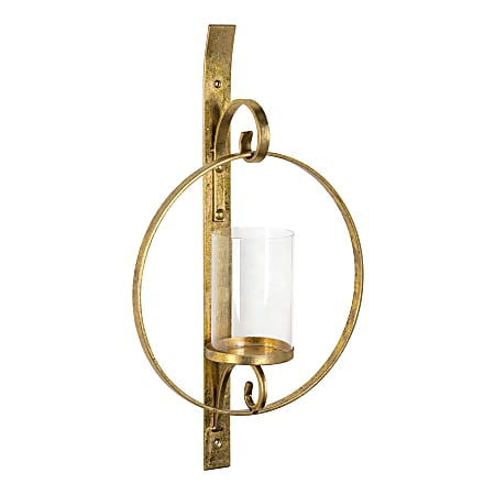 Uniek Kate And Laurel Doria Metal Wall Sconce Candle Holder, 21-3/4”H x 12-1/2”W x 5-1/2”D, Gold