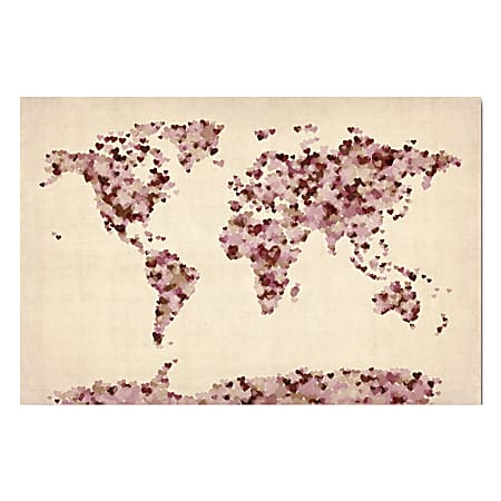 Trademark Fine Art Giclee Print On Canvas, Vintage Hearts World Map By Michael Tompsett, 18"H x 24"W