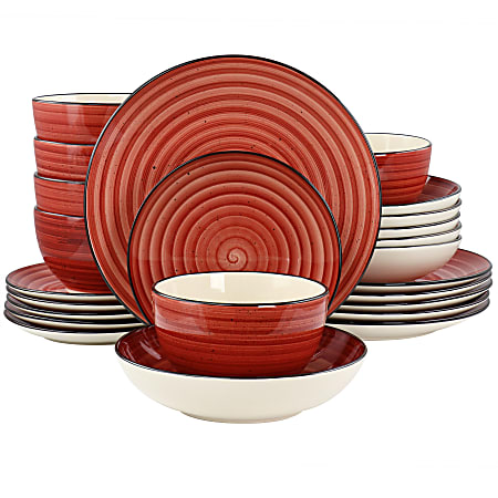 Elama Gia Round Stoneware Dinnerware Set, Red, Set Of 24 Pieces