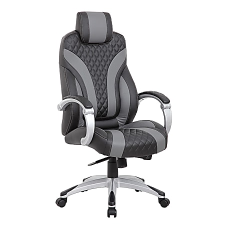 Boss Office Products Hinged Arm Ergonomic Faux Leather High-Back Executive Chair With Synchro-Tilt, Black/Gray
