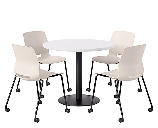 KFI Studios Proof Cafe Round Pedestal Table With Imme Caster Chairs, Includes 4 Chairs, 29”H x 36”W x 36”D, Designer White Top/Black Base/Moonbeam Chairs