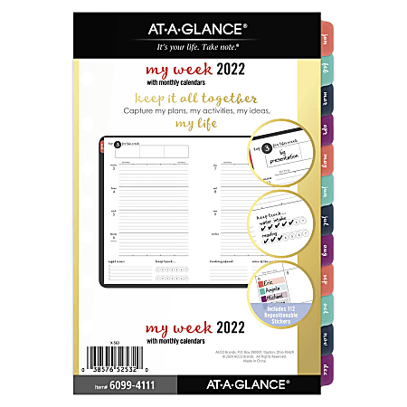 AT-A-GLANCE® Harmony Weekly/Monthly Planner Calendar Refill Pages, Junior-Size, White, January To December 2022, 6099-4111