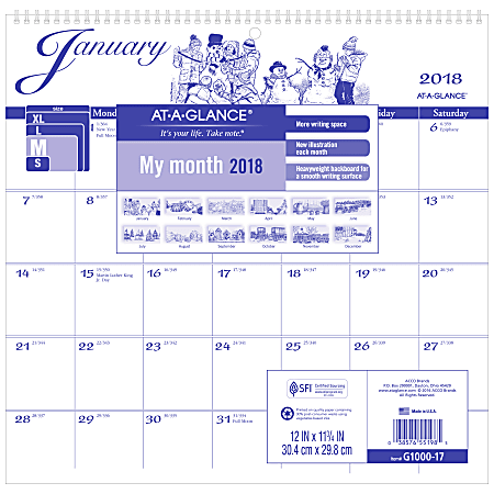 AT-A-GLANCE® Illustrator's Edition Monthly Wall Calendar, 12" x 11 3/4", 30% Recycled, January to December 2018 (G100017-18)