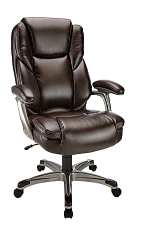 Realspace® Cressfield Bonded Leather High-Back Executive Chair, Brown/Silver, BIFMA Compliant