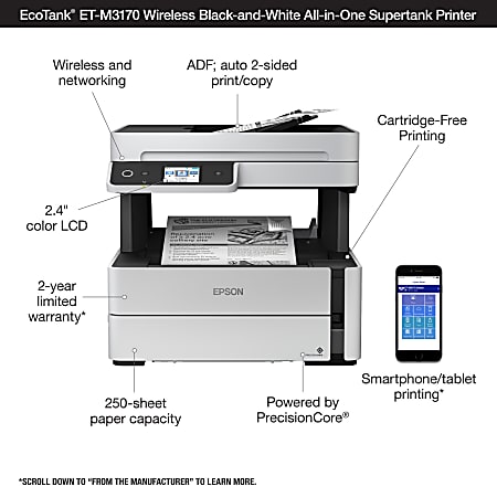  Epson EcoTank ET-2850 Wireless Color All-in-One Cartridge-Free  Supertank Printer with Scan, Copy and Auto 2-Sided Printing - White, Medium  : Office Products
