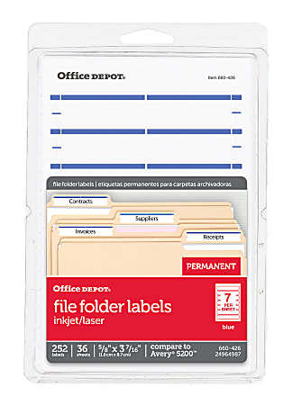 Office Depot® Brand Print-Or-Write Color Permanent File Folder Labels, OD98817, Rectangle, 5/8" x 3 1/2", Dark Blue, Pack Of 252