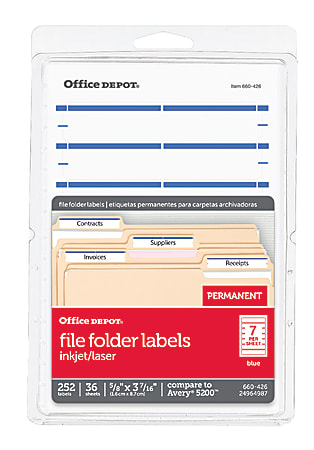 Office Depot® Brand Print-Or-Write Color Permanent Inkjet/Laser File Folder Labels, OD98817, 5/8" x 3 1/2", Dark Blue, Pack Of 252