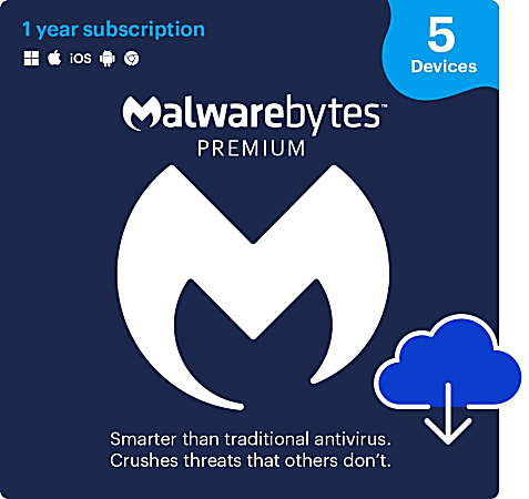 Malwarebytes Premium, For 5 Devices, 1-Year Subscription, Windows/Mac/Android, ESD