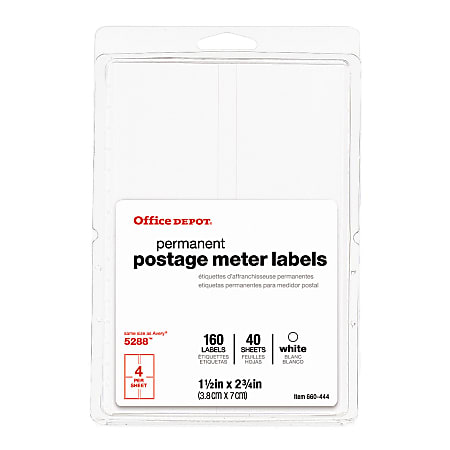 Office Depot® Brand Self-Adhesive Postage Meter Mailing Labels, 7278205288, 1 1/2" x 2 3/4", White, Pack Of 160