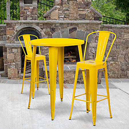 Flash Furniture Commercial-Grade Round Metal Indoor/Outdoor Bar Table Set With 2 Café Stools, 41"H x 30"W x 30"D, Yellow
