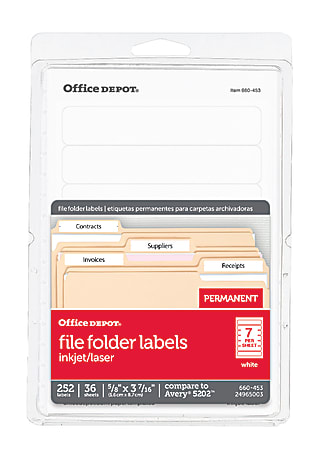 Office Depot® Brand Print-Or-Write Color Permanent File Folder Labels, OD98816, Rectangle, 5/8" x 3 1/2", White, Pack Of 252