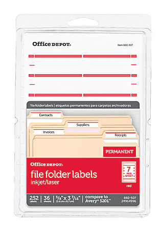 Office Depot® Brand Print-Or-Write Color Permanent Inkjet/Laser File Folder Labels, OD98818, 5/8" x 3 1/2", Dark Red, Pack Of 252
