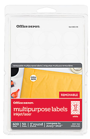 Office Depot® Brand Removable Inkjet/Laser Multipurpose Round Labels, OD98778, 1" Diameter, White, Pack Of 600